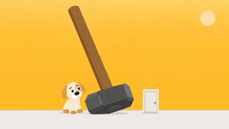 An enormous sledgehammer propped against a very small door, with a dog sitting beside it, dwarfed