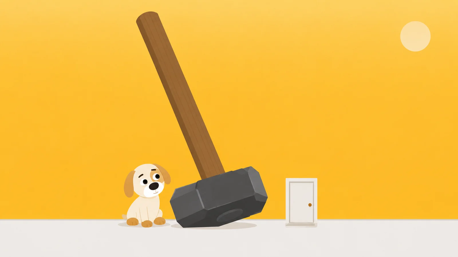 An enormous sledgehammer propped against a very small door, with a dog sitting beside it, dwarfed