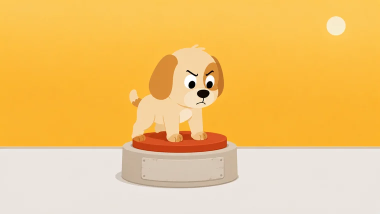 A guard dog pressing an oversized button flat into its pedestal with both front paws so it can no longer be pushed