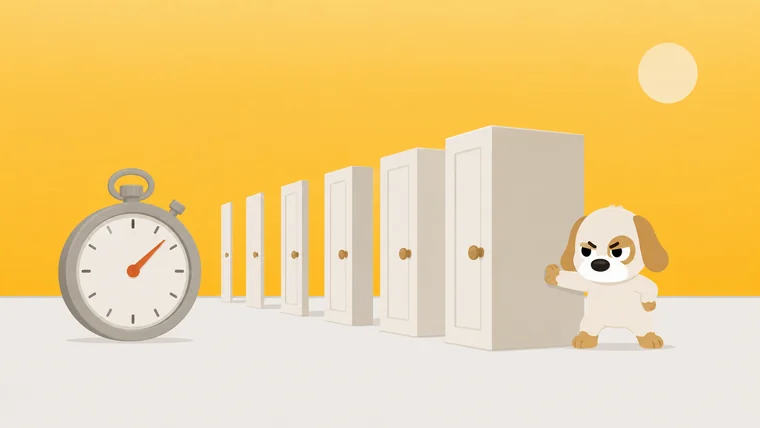 A dog-sized stopwatch with its hand sweeping, backed by a row of doors of increasing thickness, one dog guarding the thickest