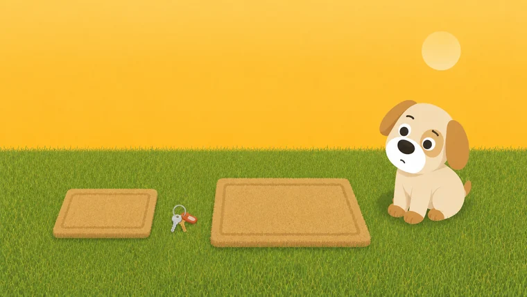 Two doormats side by side, one child-sized and one adult-sized, with a single set of keys lying between them
