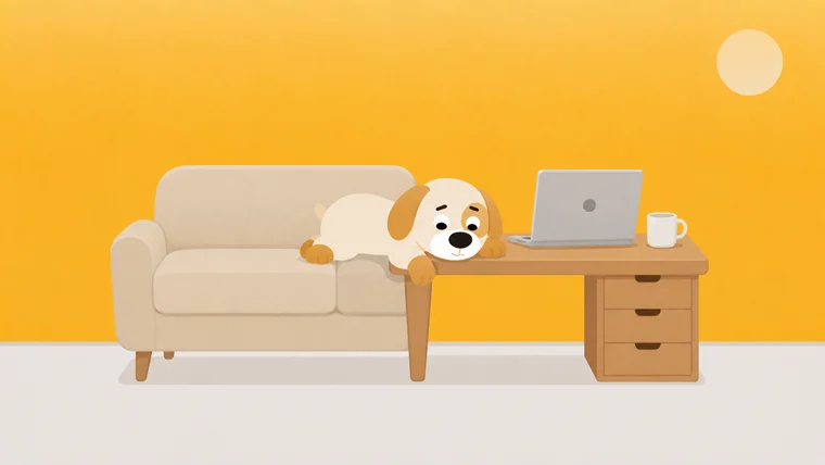 A sofa and a desk pushed together to share one leg, with a dog draped boneless across the join